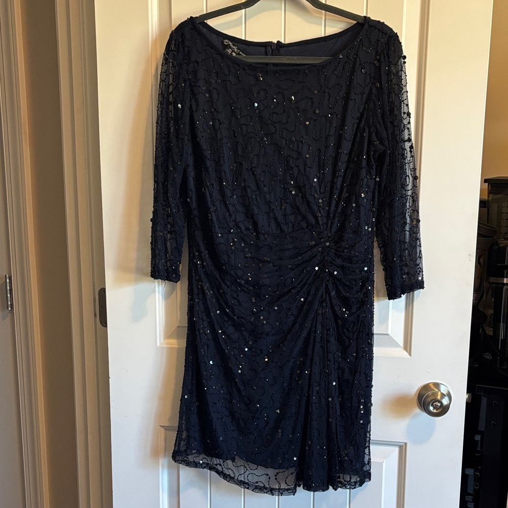 Pisarro Nights Midnight Blue Beaded and Sequin Knee Length Dress. Size 14P
